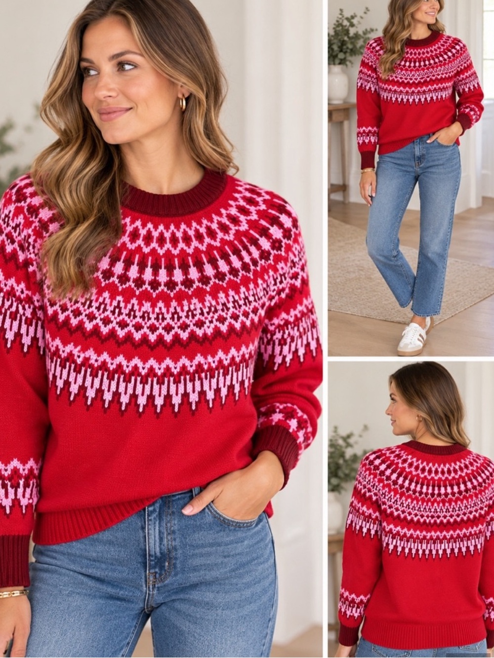 Vineyard Vines Red and Pink Fair Isle Crewneck Sweater